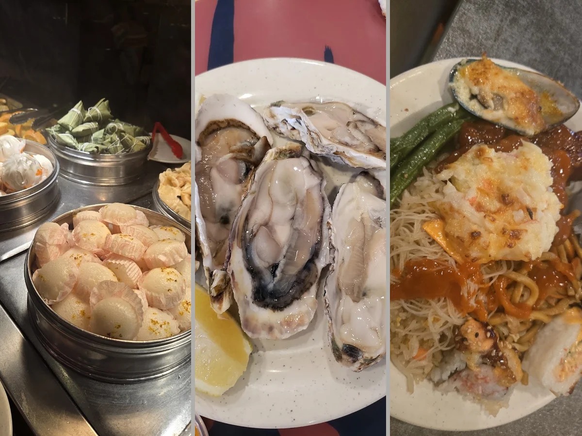 Buffet trays with seafood and sushi.