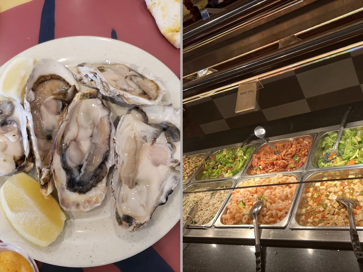 Seafood counter with assorted hot dishes.