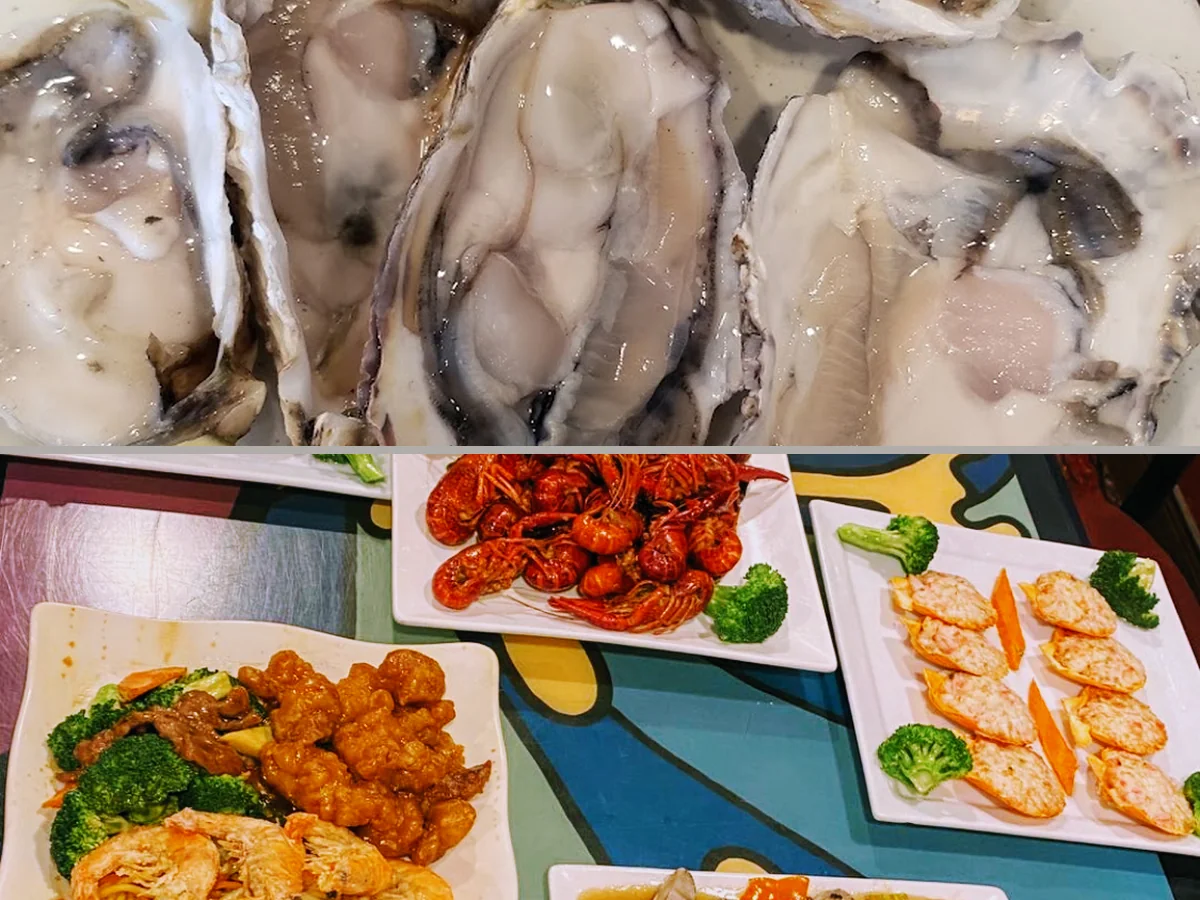 Seafood counter with assorted hot dishes.